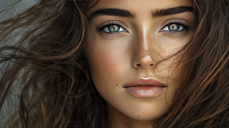 A close-up of a beautiful woman with long, flowing hair, her eyes looking directly into the camera, capturing her captivating gaze.の素材