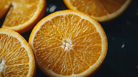 A detailed shot of a fresh, juicy orange with a few wedges cut open, highlighting the bright, juicy segments inside.の素材