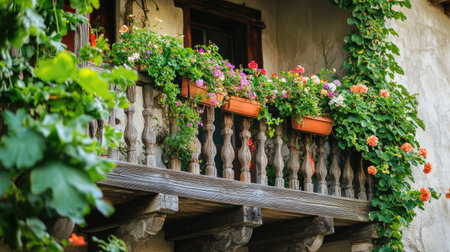 A close-up of a cozy wooden balcony railing, adorned with potted flowers and vines cascading over the edge, creating a lush, green atmosphere.の素材