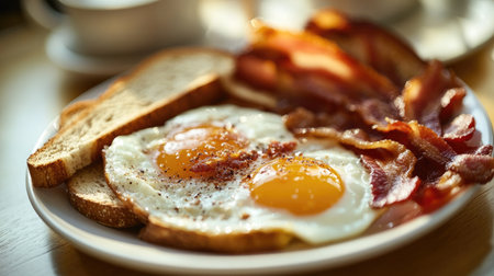 Close-up of a classic American breakfast plate with eggs, bacon, and toast -の素材