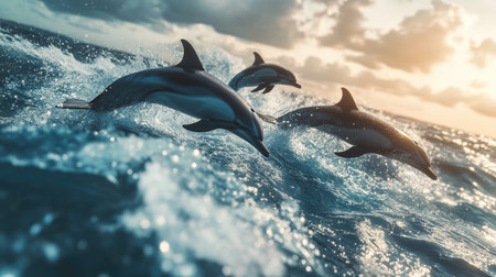 A group of dolphins swimming alongside a boat, with the waves crashing and the dolphins playfully riding the wake.の素材