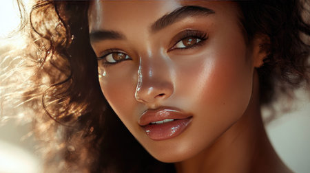 A close-up of a woman with flawless skin, highlighting her natural beauty and glowing complexion, framed by soft, loose waves of hair.の素材