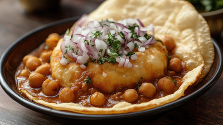 A macro shot of a plate of chole bhature, showcasing the fluffy, deep-fried bread paired with spicy chickpea curry and garnished with onions.の素材