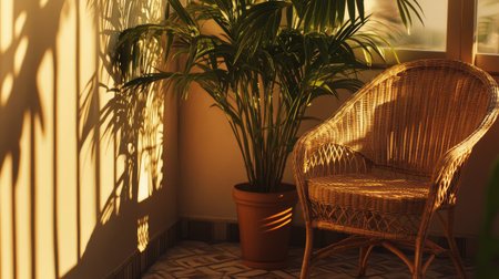 A detailed shot of a balcony corner, featuring a potted palm tree and a wicker chair, with the warm glow of the afternoon sun casting shadows.の素材