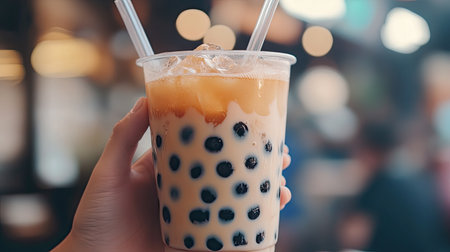 A macro shot of a hand holding a cup of bubble tea with a clear straw, focusing on the mix of milk tea and black pearls inside.の素材