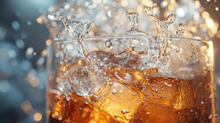 A detailed shot of a glass filled with ice and a splash of liquid, capturing the dynamic movement and the play of light through the ice.の素材