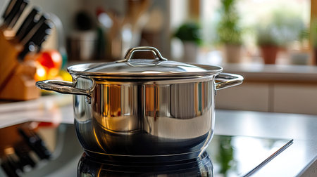 Close-up of a shiny stainless steel pot with a lid, placed on a modern kitchen stove with a clean countertopの素材