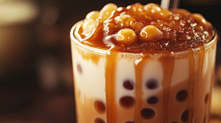 A macro shot of a caramel bubble tea, focusing on the rich layers of caramel and milk tea, with tapioca pearls clustered at the bottom.の素材