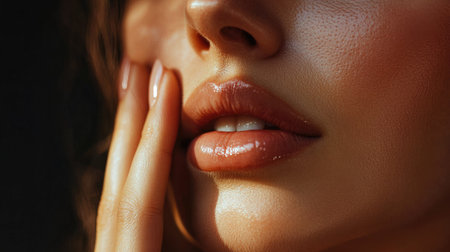 A macro shot of a woman hand gently touching her face, showcasing well-manicured nails and the soft texture of her skin.の素材