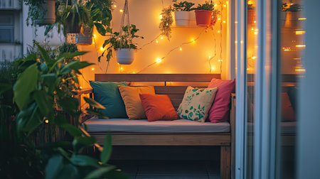 A close-up of a small balcony space, with a wooden bench and colorful throw pillows, surrounded by hanging plants and fairy lights.の素材