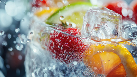 A close-up of a refreshing drink with a mix of ice cubes and fresh fruit slices, emphasizing the clear ice and vibrant fruit colors.の素材