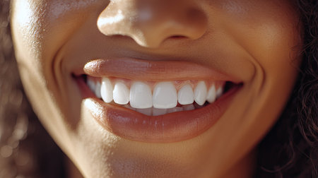 A close-up of a woman's smile, with white, straight teeth and full lips, exuding confidence and warmth in a candid moment.の素材