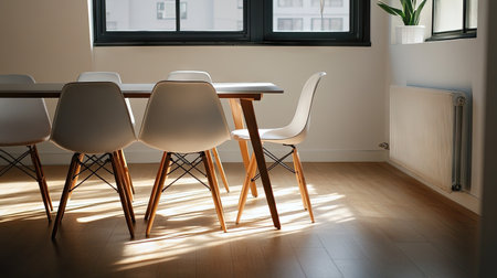 Close-up of a minimalist dining area with a simple table, minimalist chairs, and natural lightの素材
