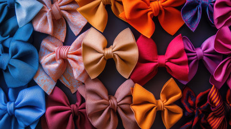 A series of colorful bows arranged neatly in a row, each made from different fabrics, creating a visually appealing display. -の素材