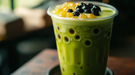 A detailed view of a matcha bubble tea, capturing the vibrant green tea color with a cluster of chewy tapioca pearls at the bottom.の素材