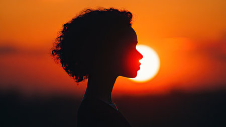 Close-up of a dramatic silhouette of a person standing against a setting sun, with warm orange and pink hues in the sky -の素材