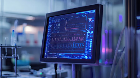 Close-up of a monitor displaying electrical signals and waveform data in a high-tech laboratory settingの素材