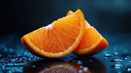 A detailed shot of a fresh, juicy orange with a few wedges cut open, highlighting the bright, juicy segments inside.の素材