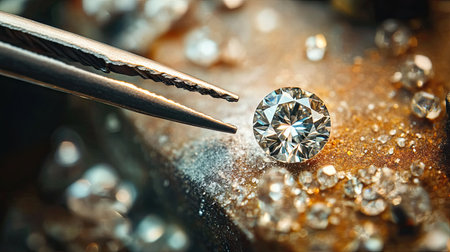 Close-up of a loose diamond held by tweezers, set against a soft-focus jeweler workbenchの素材