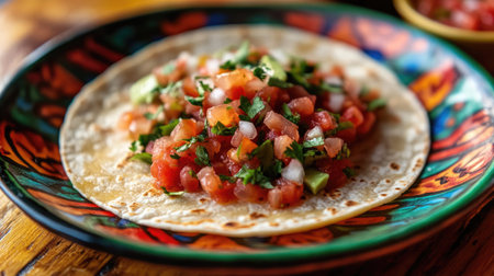 Close-up of a corn tortilla with fresh toppings, set on a vibrant plate with a side of salsaの素材