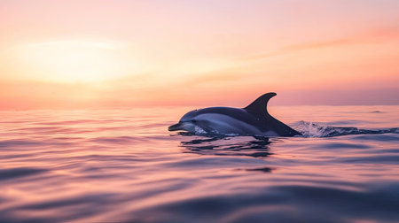 A dolphin's dorsal fin breaking the surface of the water as it swims in a calm ocean at dawn, with soft pink and orange hues in the sky.の素材