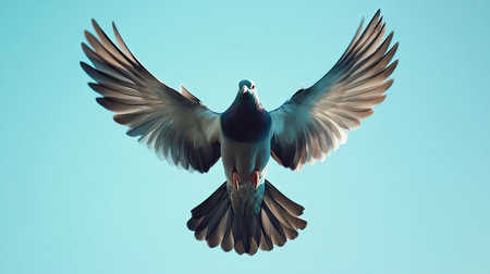 Close-up of a bird in mid-flight with wings spread wide, against a clear blue sky -の素材
