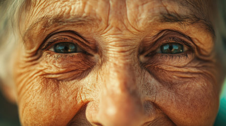 A macro shot of an elderly woman face, capturing the warmth of her smile, the gentle creases around her eyes, and the softness of her features.の素材
