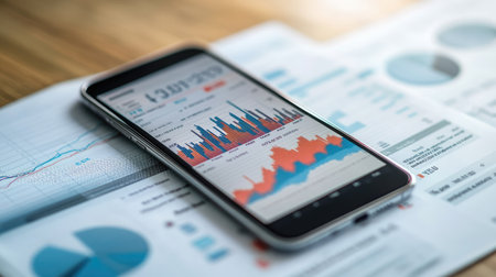 A detailed view of a business graph on a smartphone screen, showcasing market fluctuations and financial data in a compact format.の素材