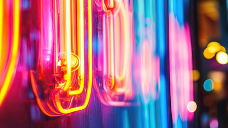 A macro view of a neon sign with vibrant, glowing colors, capturing the bright, electric hues and the light reflecting off the glass.の素材