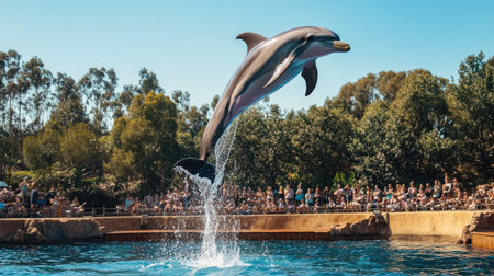 A dolphin performing a high jump out of the water during a marine show, with an audience in the background cheering. -の素材
