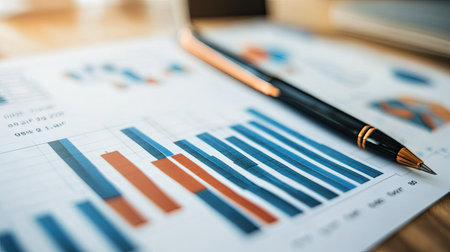 Close-up of a financial graph with market analysis and growth projections, accompanied by a financial planner notesの素材