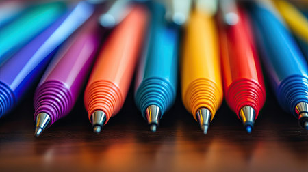 Close-up of a collection of vibrant colored pens neatly arranged on a desk, with a focus on their bright hues and design -の素材
