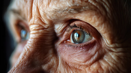 A detailed shot of an elderly woman face with delicate wrinkles, showing the wisdom and grace that comes with her years of life experience. -の素材