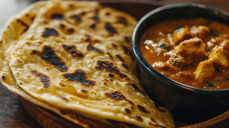 Close-up of a roti with visible layers and a lightly charred surface, served alongside a rich, aromatic curryの素材
