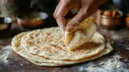 Close-up of a hand breaking apart a warm roti, revealing its soft, fluffy interior, set on a rustic tableの素材