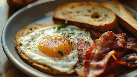 Close-up of a classic American breakfast plate with eggs, bacon, and toast -の素材