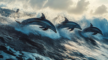 A group of dolphins swimming alongside a boat, with the waves crashing and the dolphins playfully riding the wake.の素材