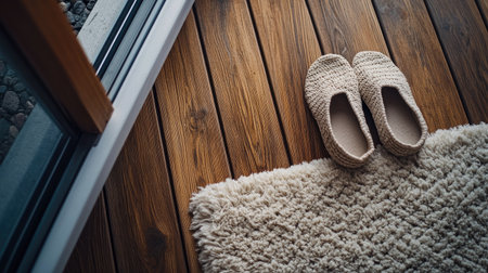 A macro shot of a balcony's wooden floor, showing the texture of the wood with a pair of comfy slippers and a plush rug nearby.の素材