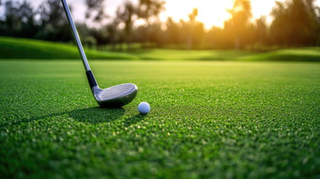 Close-up of a golf club resting on the green next to a neatly placed golf ball, with a well-maintained course in the backgroundの素材