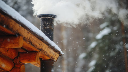 Close-up of smoke and ash drifting from a chimney of a cozy, log cabin during winterの素材