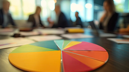 Colorful pie chart in the foreground with blurred business meeting in the background -の素材