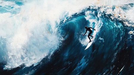 Close-up of a surfer riding a large, curling wave, with the ocean spray and action captured vividlyの素材