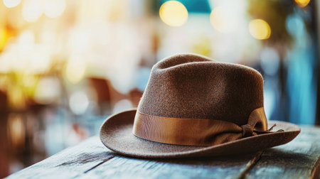 Close-up of a stylish fedora hat with a ribbon band, placed on a wooden table with a soft focus backgroundの素材