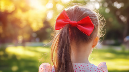 A vibrant red bow tied around a young girl's ponytail, with a blurred background of a sunny park.の素材