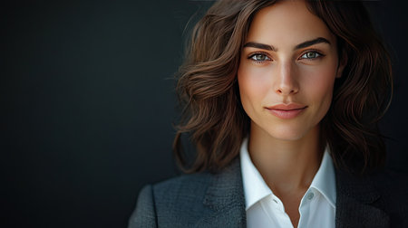 Close-up of a confident businesswoman with sharp features, wearing a professional suit and smiling at the cameraの素材