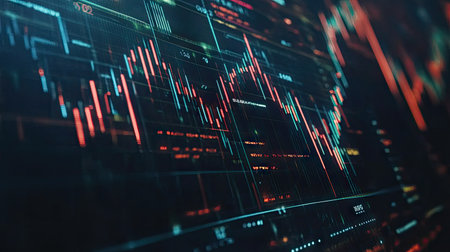 Close-up of a stock chart with dynamic candlestick patterns and fluctuating lines on a digital screenの素材