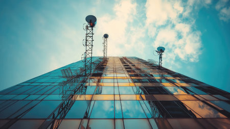 Close-up of a skyscraper with a focus on its upper floors and antennas against a bright sky -の素材