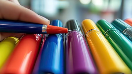 Close-up of a hand selecting a colored pen from a collection, with the focus on the pens and the person's handの素材