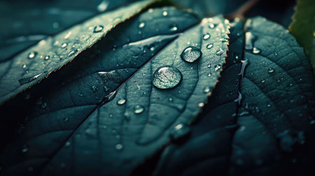 Close-up of water droplets on a dark green leaf, with the droplets forming a beautiful contrast against the leaf's texture -の素材