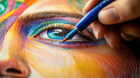 Close-up of an artist hand using colored pens to add details to a drawing, with a focus on the vibrant colors and creative processの素材